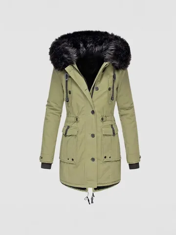 Women Mid-Length Parka Jacket Fleece Lined Thickened Winter Coat With Faux Fur Collar Hooded Windproof Mid-Length Outwear