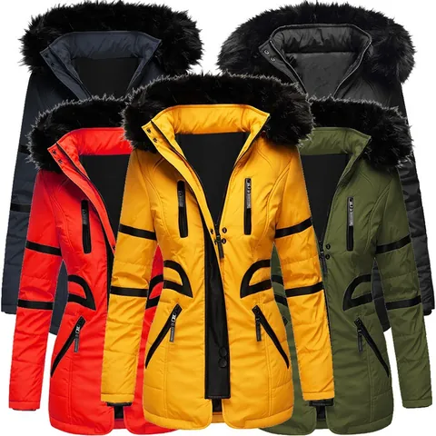 Veste Rembourrée Mi-Longue pour Femme Patchwork Cuir PU Col en Fausse Fourrure Manteau d'Hiver à Capuche Parka Chaude Coupe-Vent