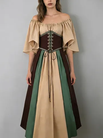 Women Medieval Renaissance Dress Off Shoulder Patchwork Maxi Dress Gothic Palace Style Performance Costume Retro Gown