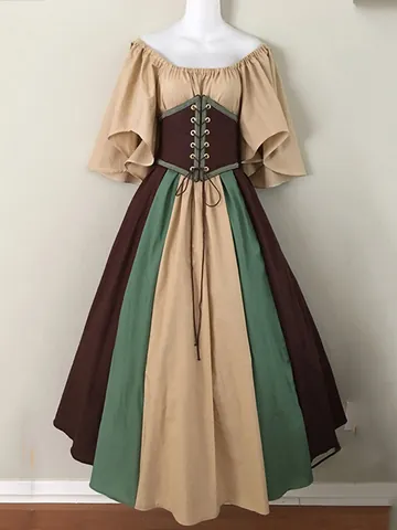 Women Medieval Renaissance Dress Off Shoulder Patchwork Maxi Dress Gothic Palace Style Performance Costume Retro Gown
