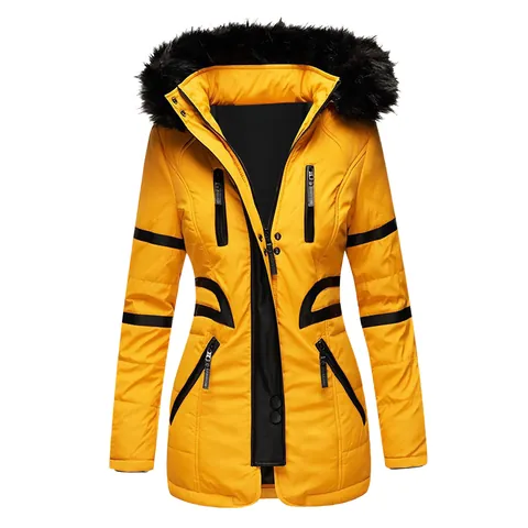 Veste Rembourrée Mi-Longue pour Femme Patchwork Cuir PU Col en Fausse Fourrure Manteau d'Hiver à Capuche Parka Chaude Coupe-Vent