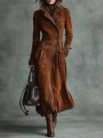 Damen Elegant Vintage Doppelreihig Kunstleder Suedemantel Lang Trenchcoat Revers Moto Biker Jacke Für Party Damen Mantel
