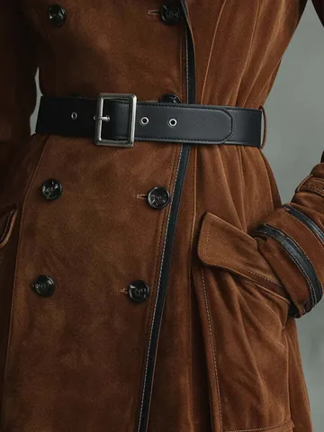 Damen Elegant Vintage Doppelreihig Kunstleder Suedemantel Lang Trenchcoat Revers Moto Biker Jacke Für Party Damen Mantel
