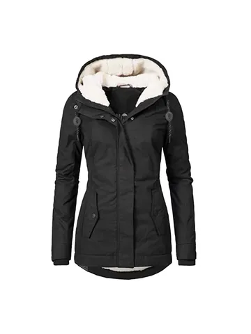 Women Mid Length Hooded Padded Coat Winter Warm Parka Jacket Fleece Lined Slim Fit Outerwear Zipper Pockets Casual Overcoat