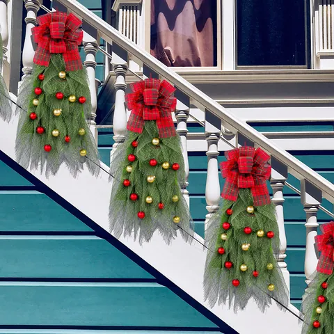 Green Mesh Christmas Teardrop Swag With Red Plaid Bow And Gold Red Balls For Front Door Stairs Window Wall Holiday Decoration