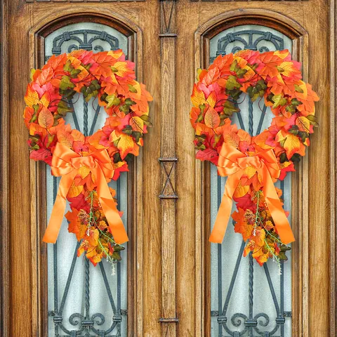 Harvest Festival Maple Leaf Wreath Artificial Autumn Garland For Front Door Wall Decoration Pastoral Home Decor Satin Bow Rattan Ring