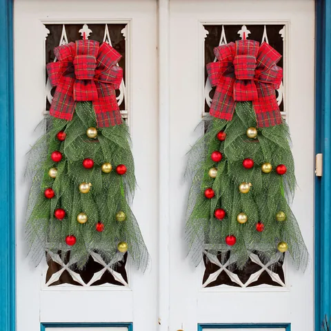 Green Mesh Christmas Teardrop Swag With Red Plaid Bow And Gold Red Balls For Front Door Stairs Window Wall Holiday Decoration