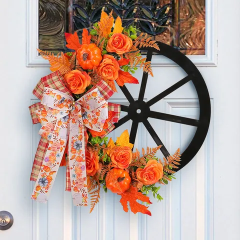 Herbstkranz Kürbis Ahornblatt Wagenrad Dekorative Türbehang Karo Schleife Erntedankfest Halloween Ornament