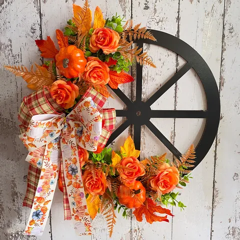 Herbstkranz Kürbis Ahornblatt Wagenrad Dekorative Türbehang Karo Schleife Erntedankfest Halloween Ornament
