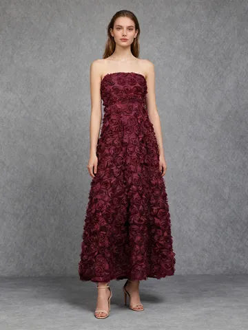 Elegant Wine Red 3D Floral Strapless Maxi Dress Socialite Party Evening Gown 2026 Summer New Women Fashion Long Dress