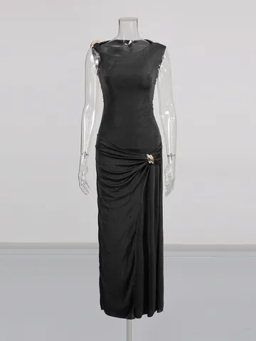 Women Elegant Sleeveless Ruched Maxi Dress With Metal Buckle High-End Slim Fit French Style Solid Color Party Long Skirt