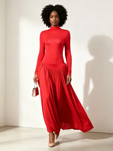 Robe longue élégante de style rétro pour femmes en mélange de polyester et coton avec manches longues col haut et design sexy dos nu plissé