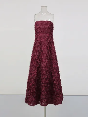 Elegant Wine Red 3D Floral Strapless Maxi Dress Socialite Party Evening Gown 2026 Summer New Women Fashion Long Dress