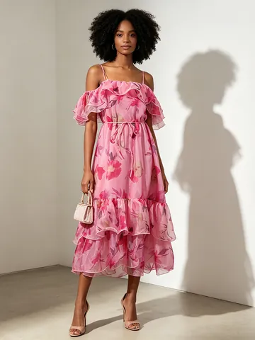 Women Vacation Beach Dress Sling Off-The-Shoulder Ruffle Maxi Dress Floral Print Cotton Polyester Summer New Arrival