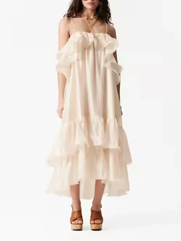 Women Vacation Beach Dress Sling Off-The-Shoulder Ruffle Maxi Dress Floral Print Cotton Polyester Summer New Arrival