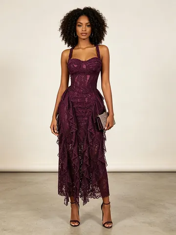 Women Sexy Lace Camisole Low Neck Waist Cinching Irregular Ruffle Long Dress Summer Slim Fit European American Party Dress