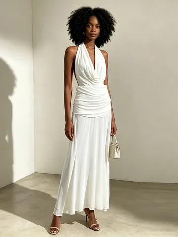 Women French Celebrity Style Sexy Halter Backless White Maxi Dress Elegant Ruched Split Evening Gown Summer 2026 New