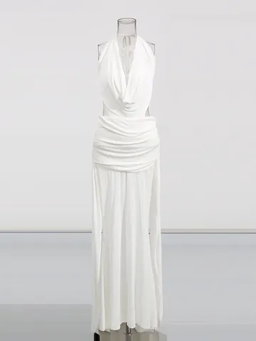 Women French Celebrity Style Sexy Halter Backless White Maxi Dress Elegant Ruched Split Evening Gown Summer 2026 New