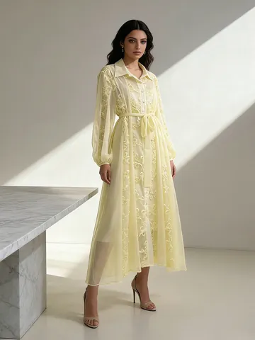 Robe Chemisier Brodée Jaune Crème Romantique Française Femme Été Longue Coupe Trapèze Manches Lanterne Robe Maxi en Mélange de Coton et Polyester Avec Taille à Nouer
