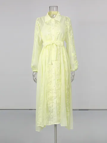 Robe Chemisier Brodée Jaune Crème Romantique Française Femme Été Longue Coupe Trapèze Manches Lanterne Robe Maxi en Mélange de Coton et Polyester Avec Taille à Nouer