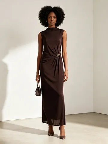 Elegant Women Sleeveless Maxi Dress High Neck Ruched Waist With Metal Buckle Side Slit Commuter Office Party Long Dress