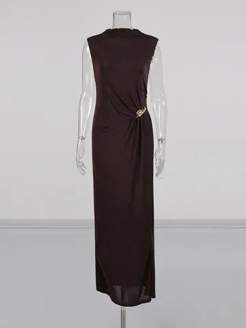 Elegant Women Sleeveless Maxi Dress High Neck Ruched Waist With Metal Buckle Side Slit Commuter Office Party Long Dress