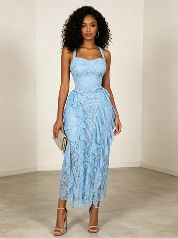 Women Sexy Lace Camisole Low Neck Waist Cinching Irregular Ruffle Long Dress Summer Slim Fit European American Party Dress