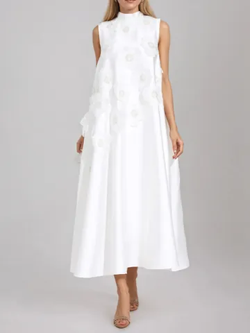 Elegant Sleeveless A-Line Maxi Dress With 3D Floral Applique Stand Collar High Waist Party Evening Long Dress For Women