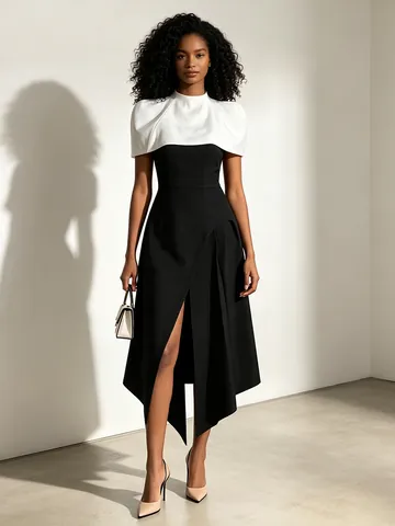 Elegant French Color Block Maxi Dress For Women With Detachable Cape Split Hem Formal Evening Banquet Party Long Dress
