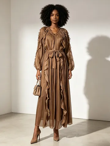 Robe Longue en Polyester Satiné Style Français Col en V Manches Longues pour Femmes Bordure à Volants Plissé À Nouer Tinta Unita Robe de Soirée Élégante