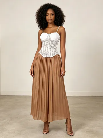 Women Sexy Mesh Lace Corset Top And Pleated Maxi Skirt Set See-Through Boning Bustier Patchwork Two Piece Summer Outfit