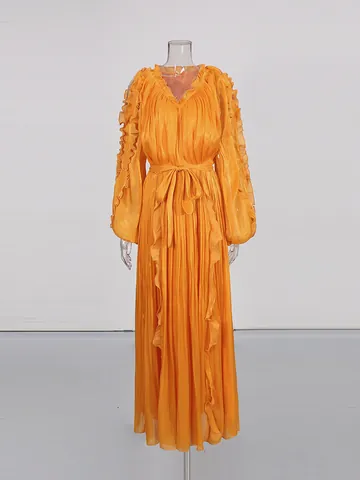 Robe Longue en Polyester Satiné Style Français Col en V Manches Longues pour Femmes Bordure à Volants Plissé À Nouer Tinta Unita Robe de Soirée Élégante