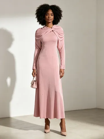 Robe Maxi pour Femme Rétro Élégante Nœud Torsadé Col Cape Coupe Slim Manches Longues Mélange Coton Polyester Style Français