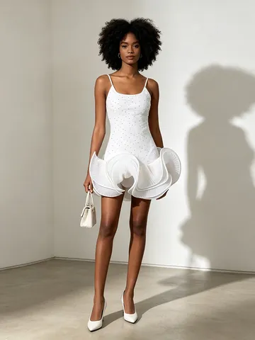 Women French Elegant White Mini Dress Spaghetti Strap Rhinestone Embellished Patchwork Flounce Hem Party Banquet Puff Dress