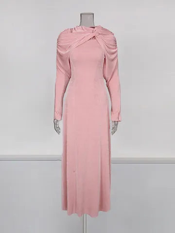 Robe Maxi pour Femme Rétro Élégante Nœud Torsadé Col Cape Coupe Slim Manches Longues Mélange Coton Polyester Style Français