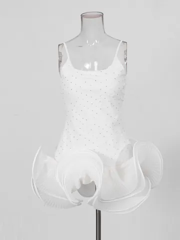 Women French Elegant White Mini Dress Spaghetti Strap Rhinestone Embellished Patchwork Flounce Hem Party Banquet Puff Dress