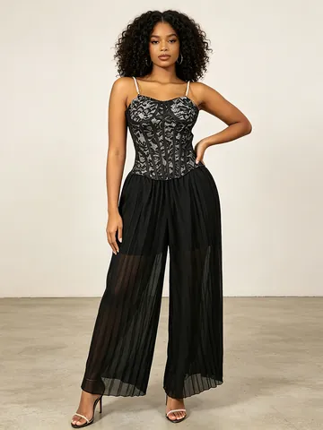 Women Sexy Mesh Lace Corset Top And Pleated Maxi Skirt Set See-Through Boning Bustier Patchwork Two Piece Summer Outfit