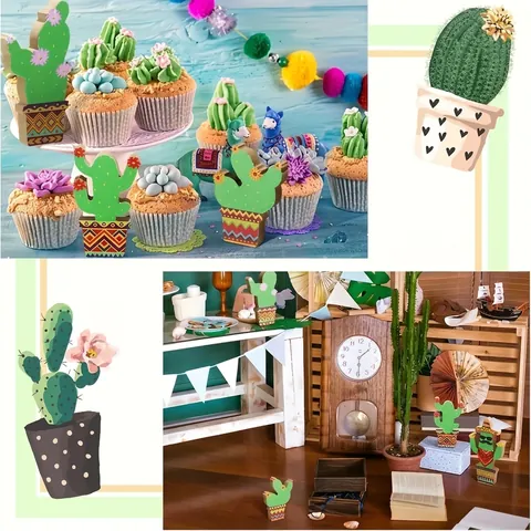 Juego de 4 Adornos de Escritorio de Cactus de Madera de Estilo Mexicano Con Sombrero Gafas de Sol Creativos Decoración de Fiesta
