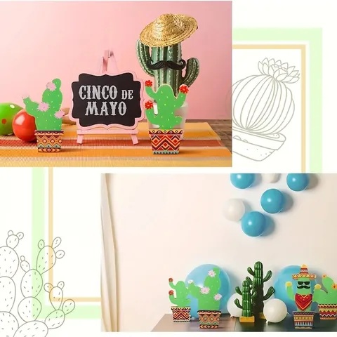 Juego de 4 Adornos de Escritorio de Cactus de Madera de Estilo Mexicano Con Sombrero Gafas de Sol Creativos Decoración de Fiesta