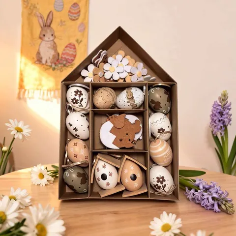Paaseieren Cadeauset Huisvorm Displaybox Beschilderde Decoratieve Eieren Viltbloemen Noords Minimalistisch Vakantie Tafeldecoratie