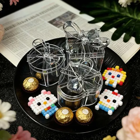 Clear PS Plastic Bow Candy Box Transparent Wedding Favor Box Jewelry Gift Packaging Small Cake Dessert Organizer Box