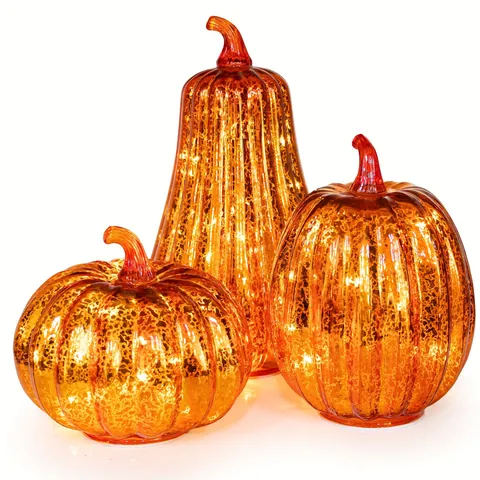 Σετ Φωτιστικών Κολοκύθας LED Halloween Διακοσμητικό Τραπεζιού Όψη Γυαλιού Υδραργύρου Πλαστικό Φως Κεχριμπάρι