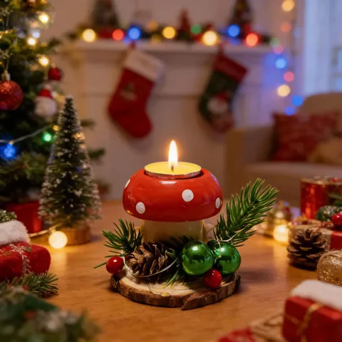 Χριστουγεννιάτικο Κηροπήγιο Μανιτάρι Με Φως LED Ξύλινη Βάση Κουκουνάρι Βελόνα Μικροτοπίο Ατμόσφαιρα Πάρτι Διακόσμηση Γραφείου