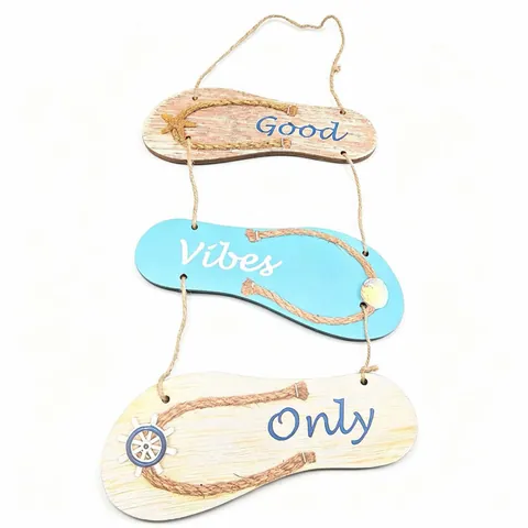 Ocean Theme Wooden Flip-Flop Shape Hanging Sign Good Vibes Only Beach Style Coastal Wall Decor For Summer Home Party Decorations
