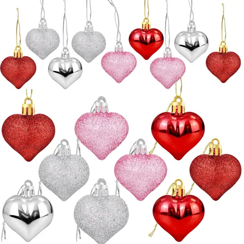 Romantic Valentine Day Heart Hanging Ornaments Glitter Matte Mirror Plastic Hearts For Wedding Anniversary Party Decor Red Pink Silver