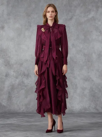 Vintage Palace Style Chiffon Maxi Dress For Women Ruffle Trim Bow Tie Neck Long Sleeve Dress With Metal Brooch Elegant Party Dress