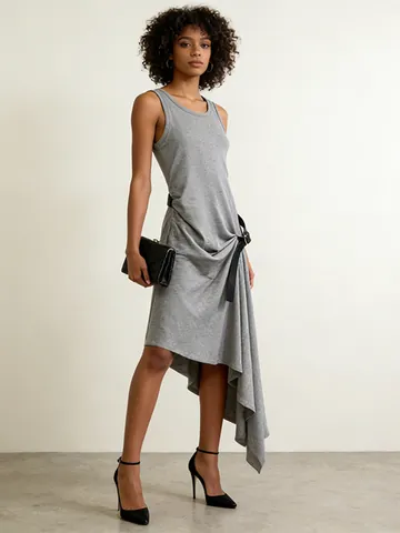 Women Sleeveless Asymmetric Tank Dress Minimalist Grey Black Ruched Tie-Waist Midi Dress Summer Casual Elegant Party Dress