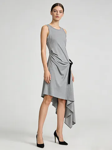 Women Sleeveless Asymmetric Tank Dress Minimalist Grey Black Ruched Tie-Waist Midi Dress Summer Casual Elegant Party Dress