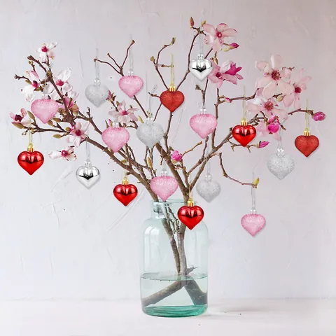 Romantic Valentine Day Heart Hanging Ornaments Glitter Matte Mirror Plastic Hearts For Wedding Anniversary Party Decor Red Pink Silver