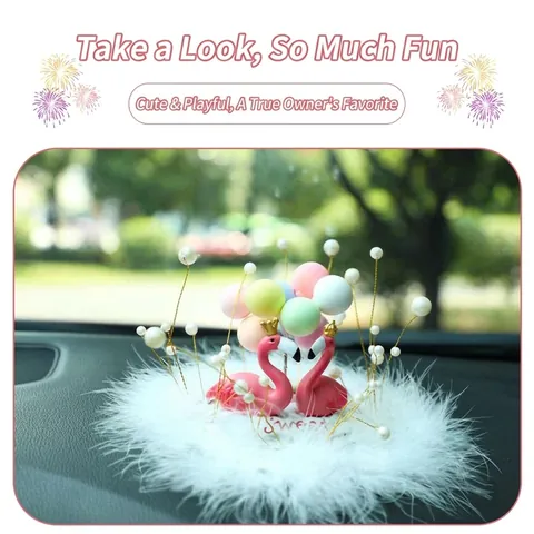 Cute Flamingo Swan Couple Car Dashboard Ornament Resin Animal Sculpture With Macaron Balloons Dashboard Decoration For Women Interior Accessories